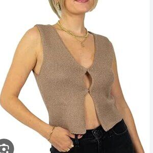 Et Clet Boutique Open Front Clasp Thick Knit Sleeveless Sweater Tank Top Taupe S